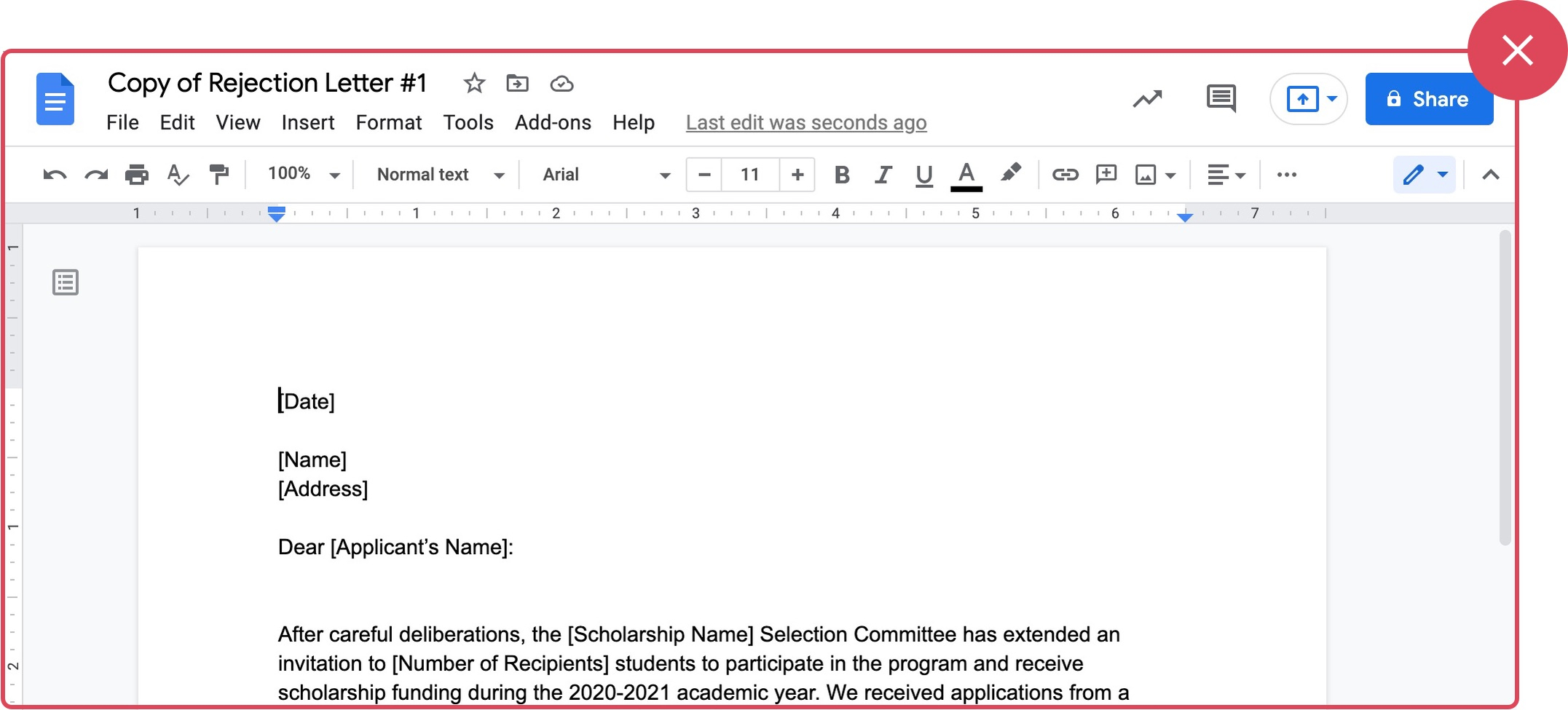 Scholarship rejection letter template 