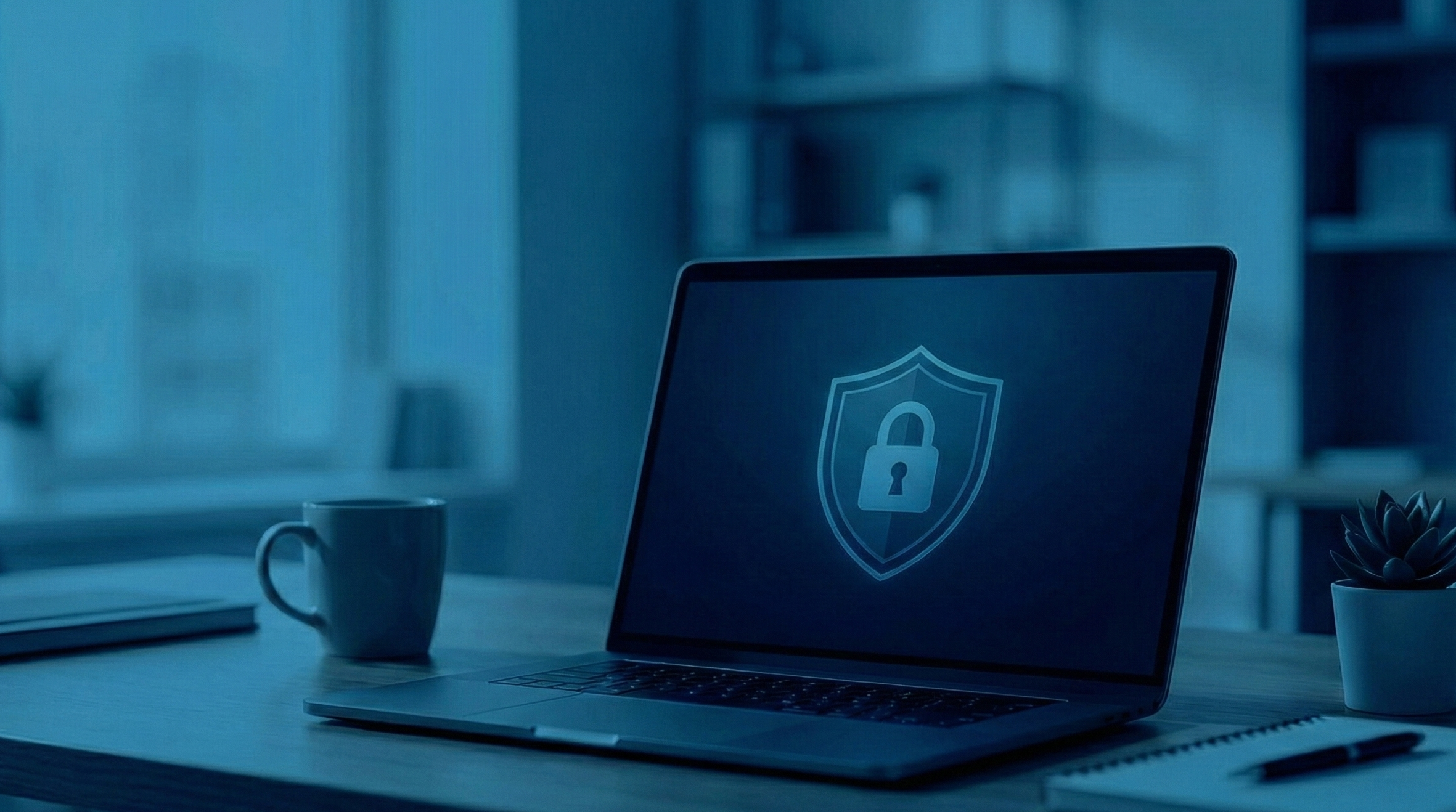 Laptop on a clean office desk displaying a data security shield icon